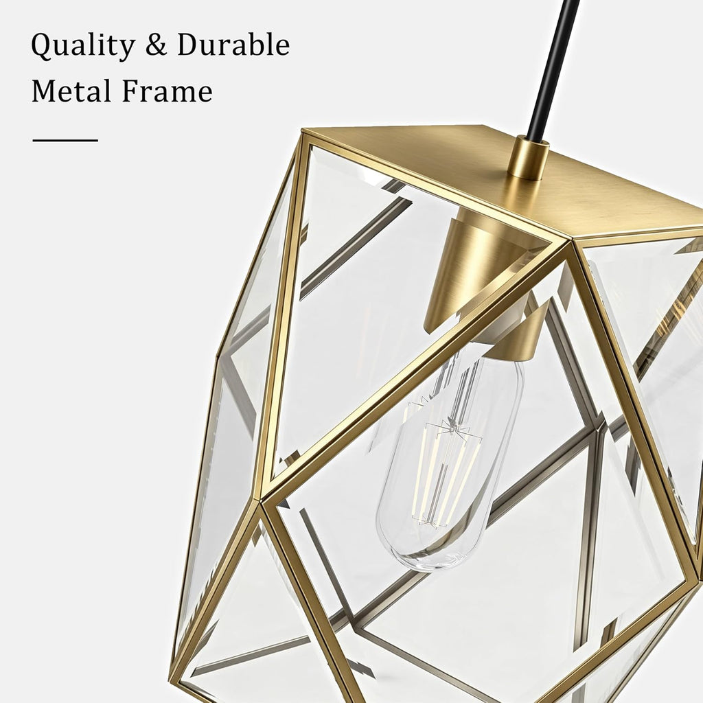 1-Light Modern Geometric Glass Pendant Light, Caged Hanging Light, Gold | Open Bottom Design, Stable Metal Frame