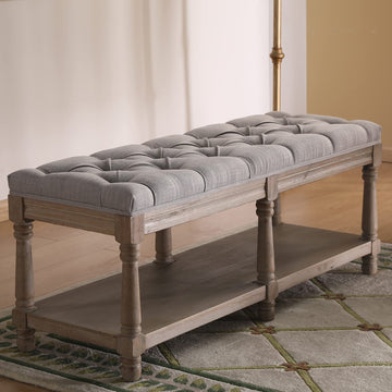Mid Century Tufted Storage Bench with Shelf, Linen Upholstered Farmhouse Entryway Shoe Bench Ottoman Bed End Stool