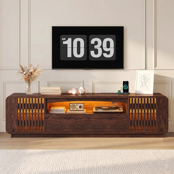 63" TV Stand with Storage, Mid Century Modern Entertainment Center with Power Outlet & LED Lights, Fluted Media