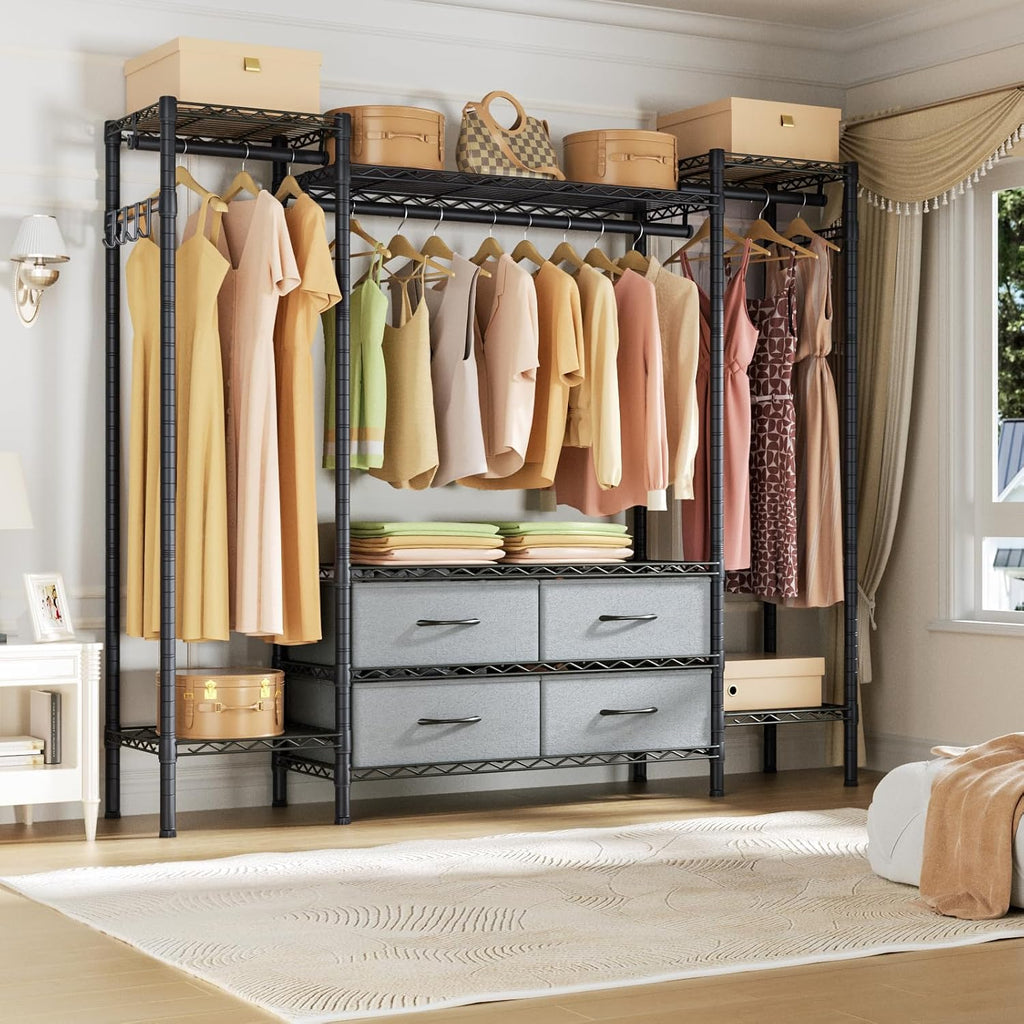 Heavy Duty Clothes Rack Metal Wardrobe with Adjustable Wire Shelves | Closet Organizers and Storage Clothing Rack