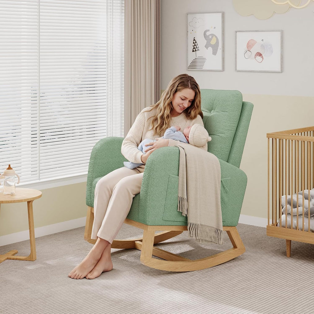 Modern Rocking Chair -Green | Comfortable Recliner Rocker with Side Pocket, Soft Linen Upholstered Glider Chair