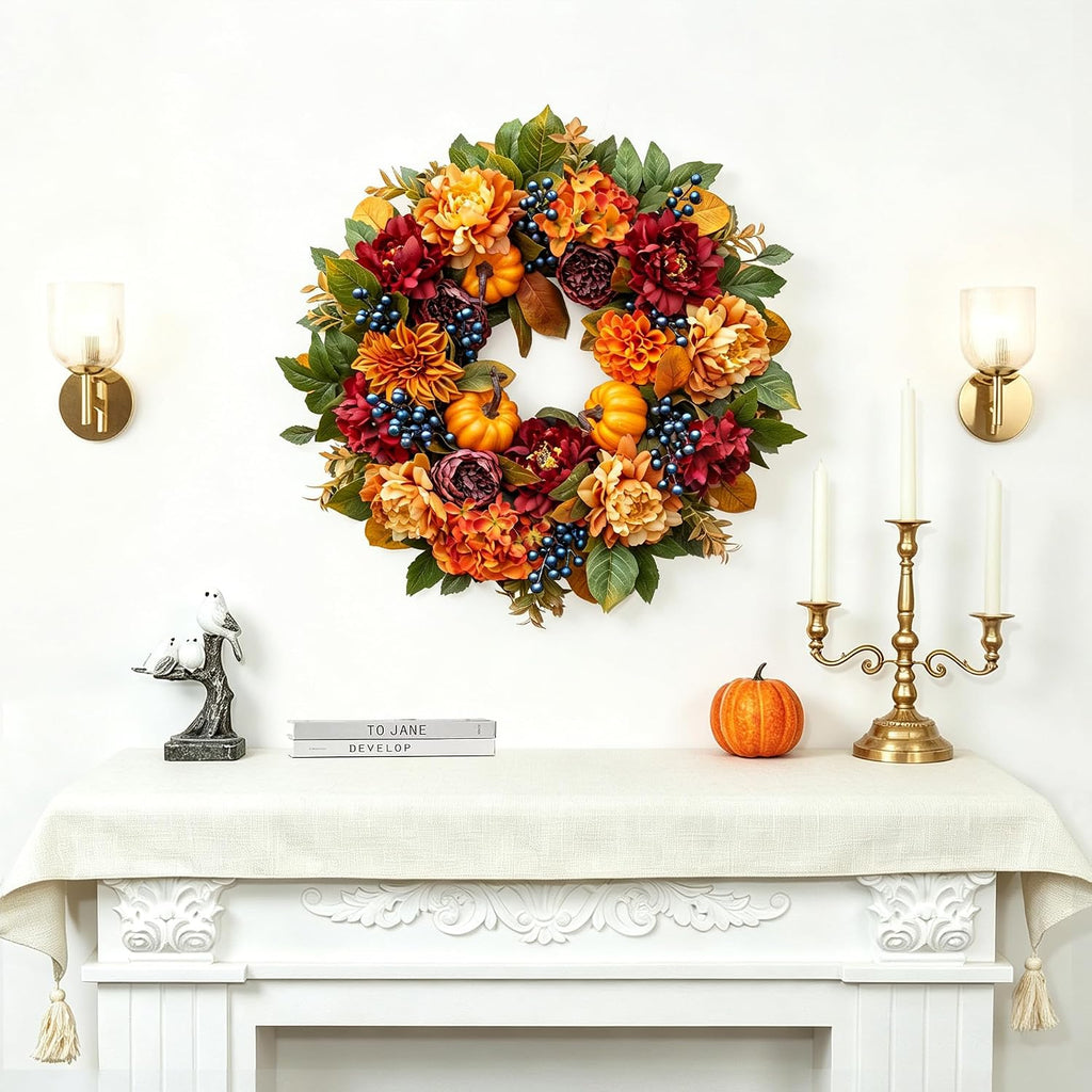 24 Inch Artificial Fall Wreaths for Front Door with Hydrangea Peony Pumpkin