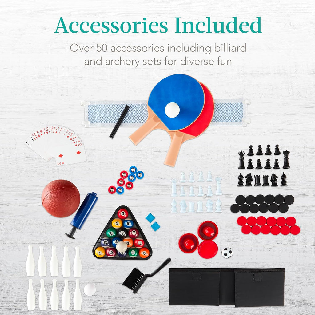 Combo Game Table Set for Home, Game Room, Friends & Family w/Ping Pong, Foosball, Basketball, Air Hockey, Archery