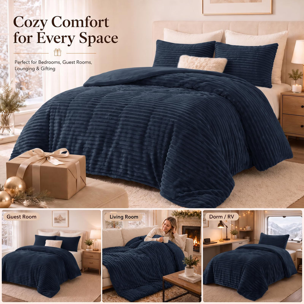 Fleece Oversized Comforter Sets, 3 Piece Navy Blue Bedding