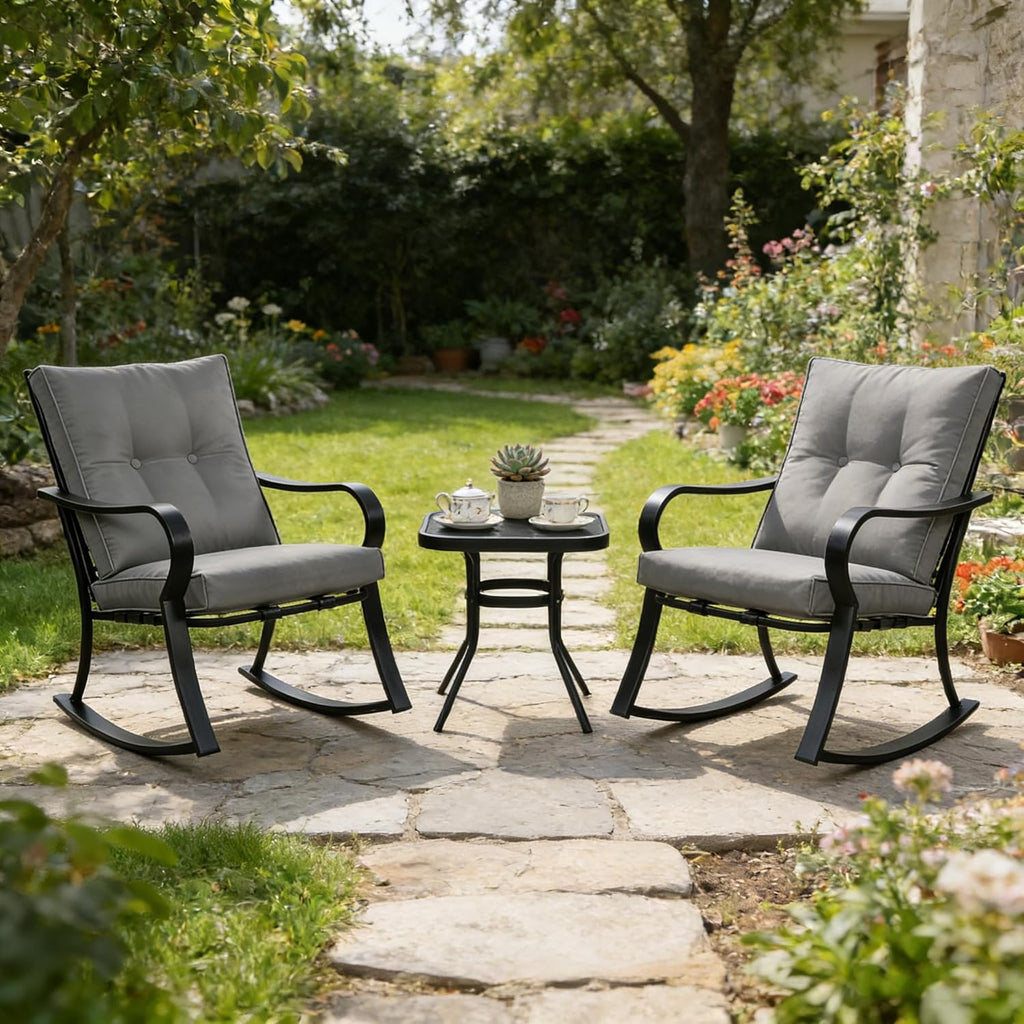 Outdoor 3-Piece Rocking Chairs Patio Bistro Set Black Steel Furniture with Thickened Cushion and Glass-Top Coffee