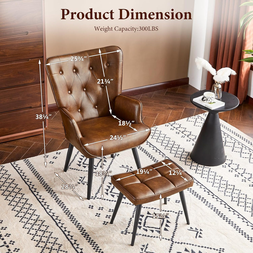 PU Leather Accent Chair with Ottoman, Upholstered Reading Chair with High Backrest, Tufted-Button Wingback Armchair
