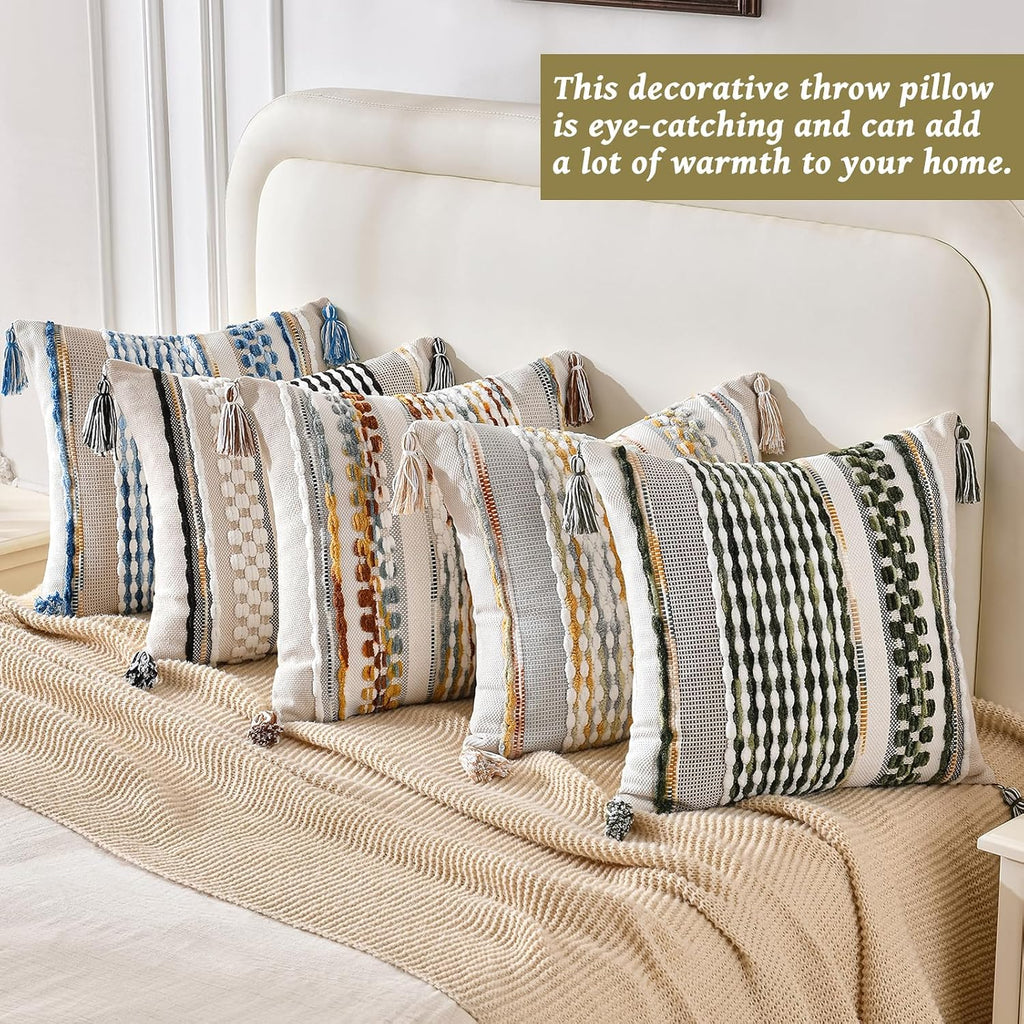 Chenille Striped Textured Boho Throw Pillow Covers Aesthetic with Tassels Woven Decorative Pillow Case