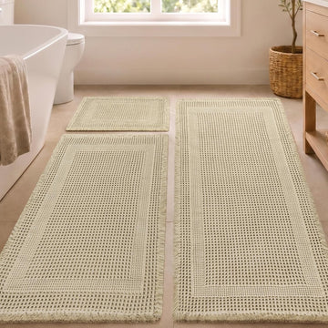 Waffle Bath Mat, Non Slip Bathroom Rugs Mats Set, Super Absorbent Quick Dry Bath Mats , Machine Washable Boho Rugs