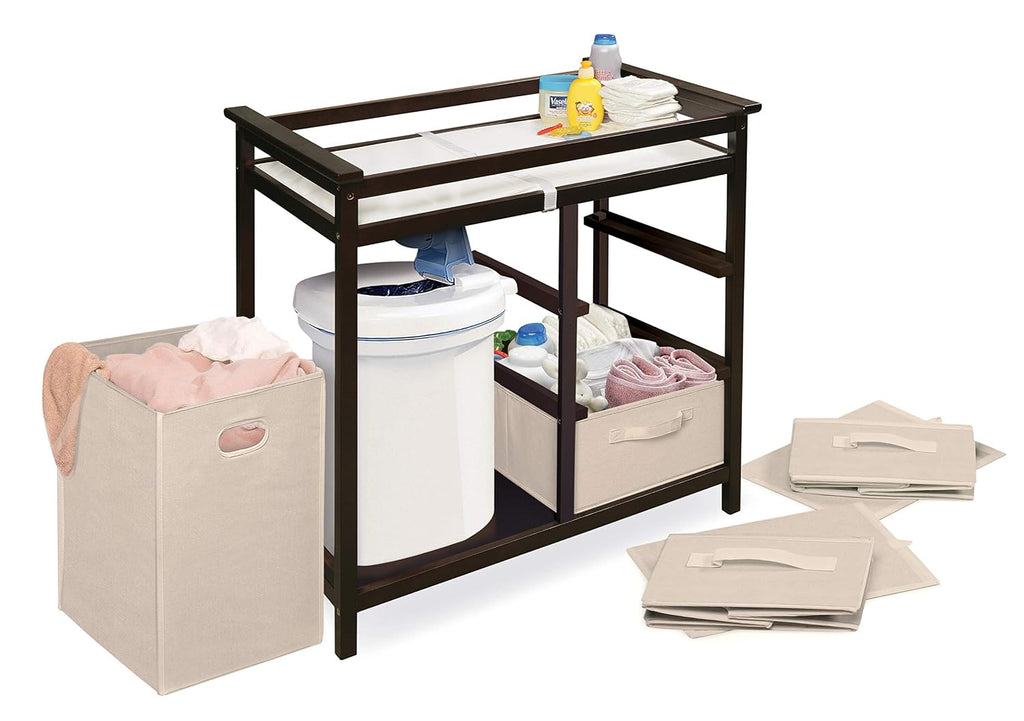 Modern Baby Changing Table - Diaper Changing Station with Laundry Hamper, 3 Storage Drawers, Changing Pad, and Safety