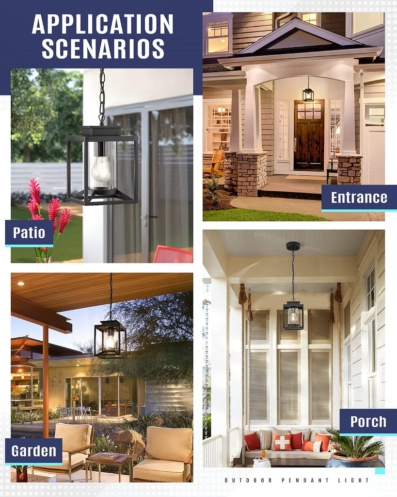 Outdoor Pendant Light for Porch, 1-Light Black Hanging Porch Light Modern Exterior Hanging Lantern with Cylinder