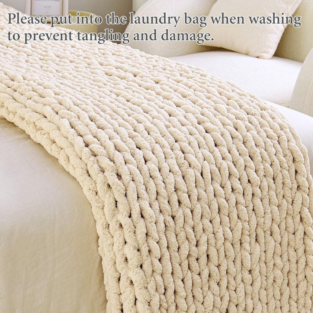 Chunky Knit Blanket Throw 51"x63", 100% Hand Knit Chenille Throw Blanket, Soft and Cozy Knitted Throw Blankets