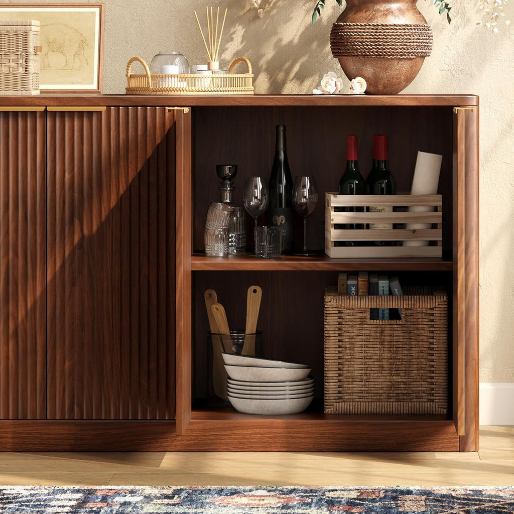 67" Fluted Walnut Buffet Cabinet Sideboard with Storage, Large Credenza with 6 Doors
