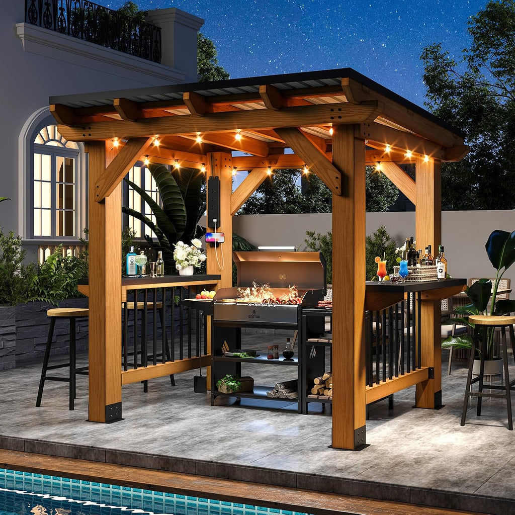 8' x 5' Cedar Wood Grill Gazebo, Hardtop BBQ Gazebo with Weather-Resistant Power Strip and Bar Tops