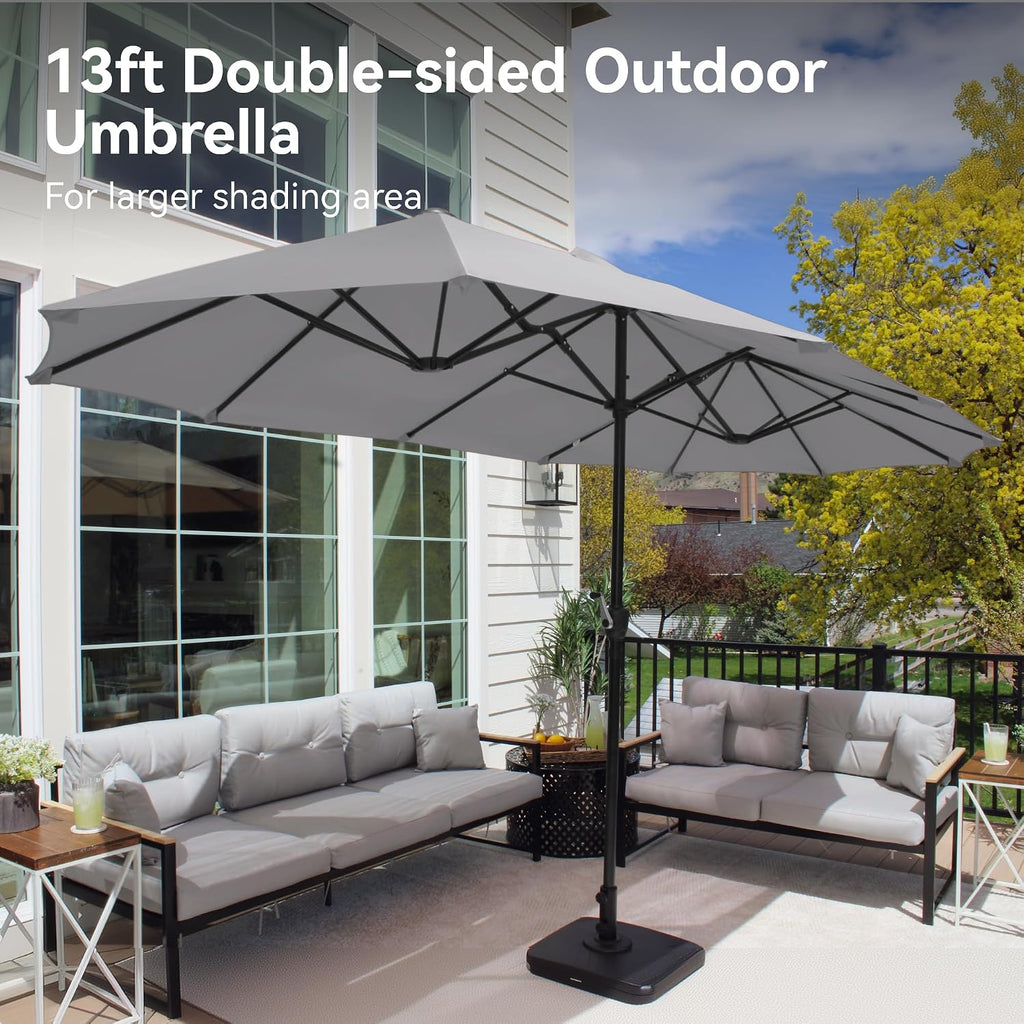 13ft Large Patio Umbrellas, Double-Sided Outdoor Market Rectangle Umbrella Light Gray
