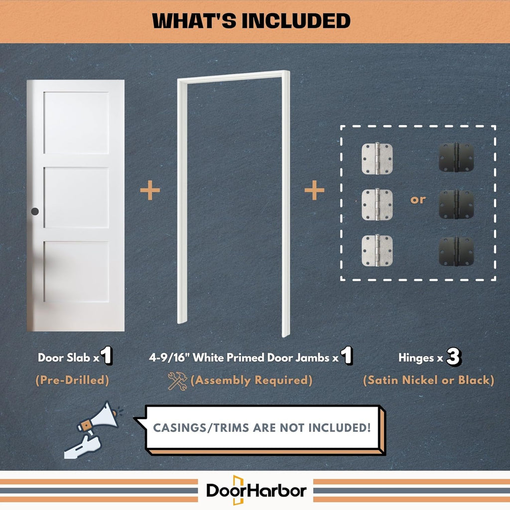 30" x 80" Prehung Interior Wood Door, 3-Panel Shaker, Left Handing, Solid Core, White Primed, with Pre-Drilled Holes, Frame (Jambs Kit), and Satin Nickel Hinges, for Closet, Pantry, and Bedroom Use