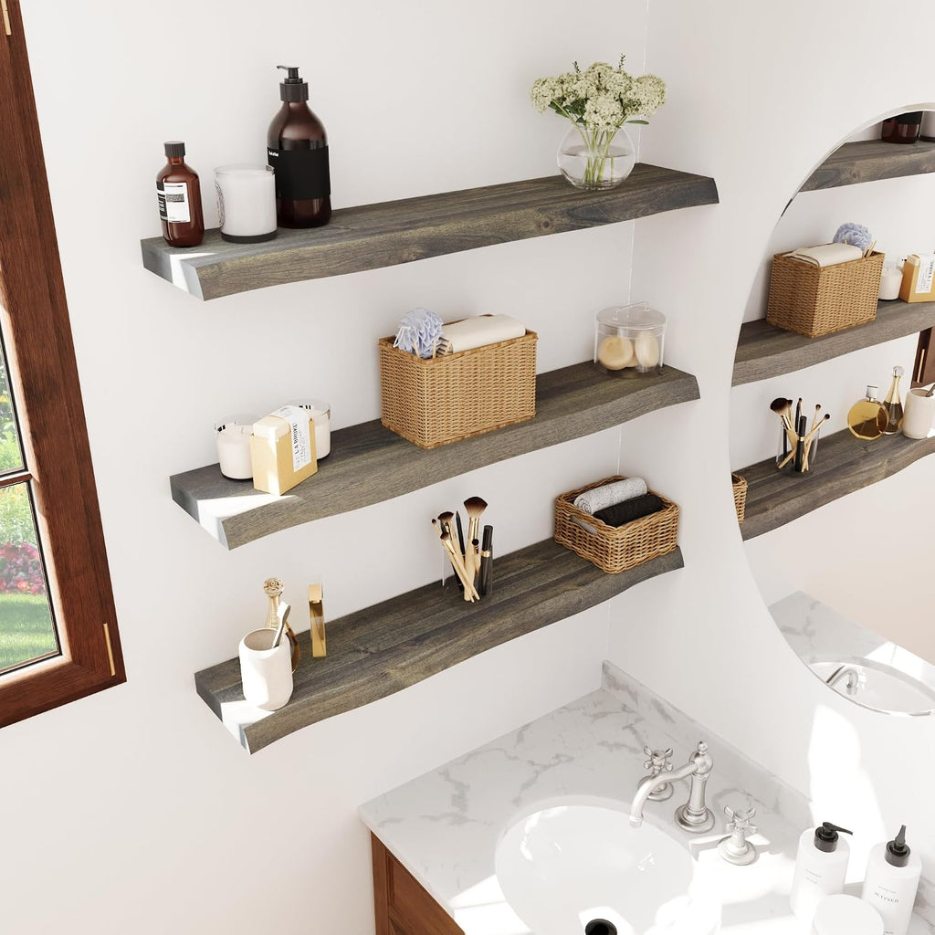 24'' Live Edge Floating Shelves for Wall, Acacia Wood Wall Mounted Shelves with Invisible Brackets, Rustic Wooden