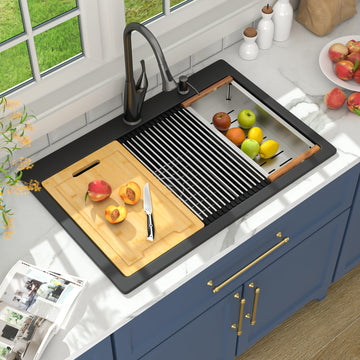 33 Granite Composite Drop In Black 33x22 Workstation Topmount Sink Matte Black Quartz Above Counter Single Bowl Sink