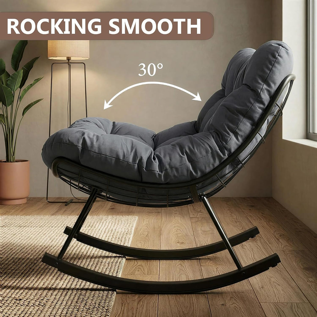 Oversized Rocking Papasan Chair with Ottoman and Cushion | Indoor Glider Chair with Thickened Cushion, Large Comfy