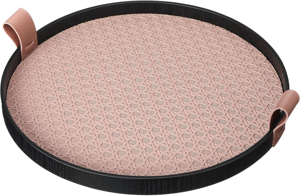 12 Inch Round Ottoman Tray, Woven Leather Serving Platter with Handles, Decorative Tray for Coffee Table Centerpiece