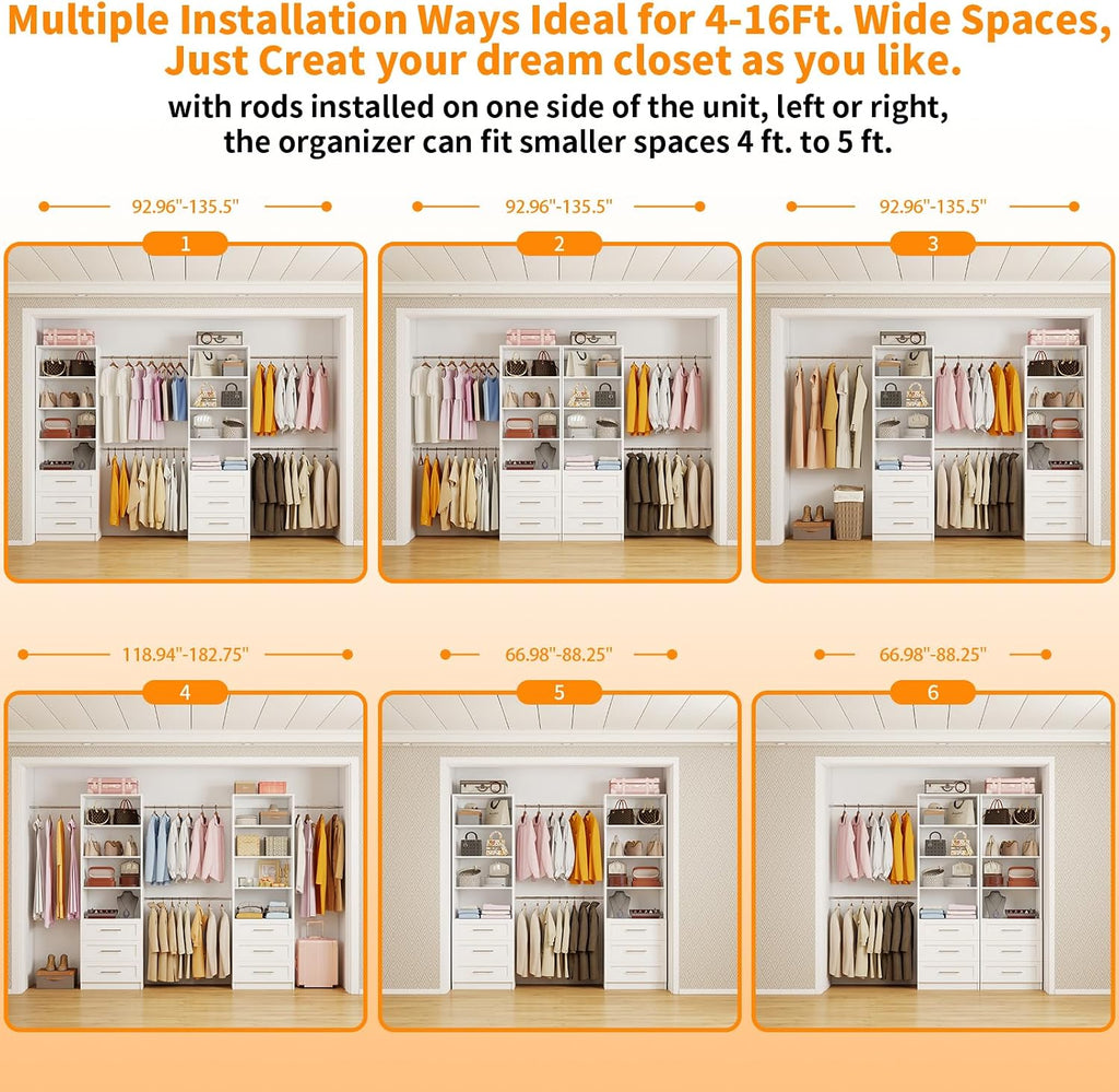 Closet System with 6 Drawers, 6FT-15FT Wooden Closet Organizer System with 8 Expandable Hanging Rods and Shelves