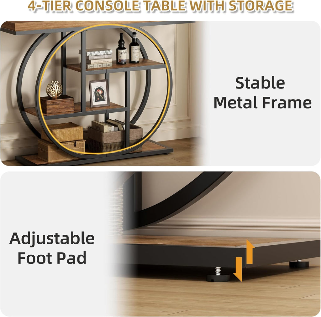 41.3" Console Table with Storage, Industrial Entryway Table, 4-Tier Shelves Sofa Table Behind Couch, Narrow Wood