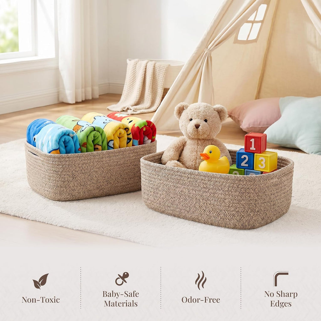 5-Pack Large Woven Rope Storage Baskets, 2 Sizes Organizer Bins | Fabric Cube Boxes and Rectangular Shallow Bins for