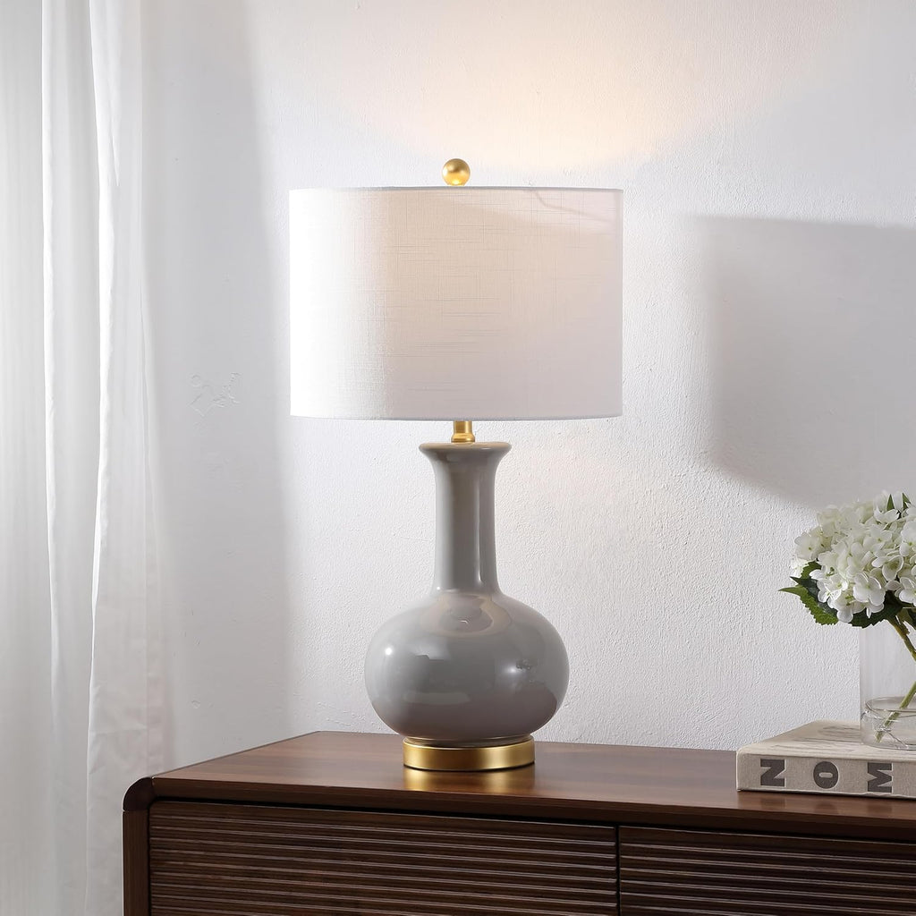 27" Gray/Brass Ceramic Table Lamp Bedroom, Modern Transitional Nightstand Lamp with White Linen Drum Shade