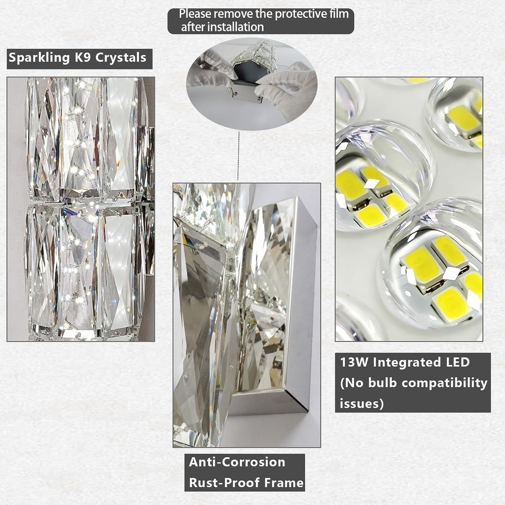 Luxury Chrome Crystal Wall Sconces, Modern Indoor Dimmable Wall Light Fixture with Remote Control, LED K9 Crystal
