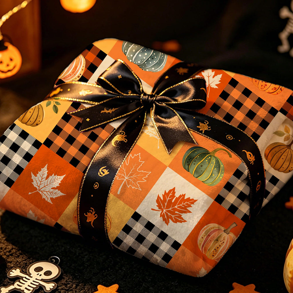 Fall Pumpkin Buffalo Plaid Throw Blanket, 60"x70" Autumn Maple Leaf Patchwork Soft Fleece Blanket for Sofa Couch Home