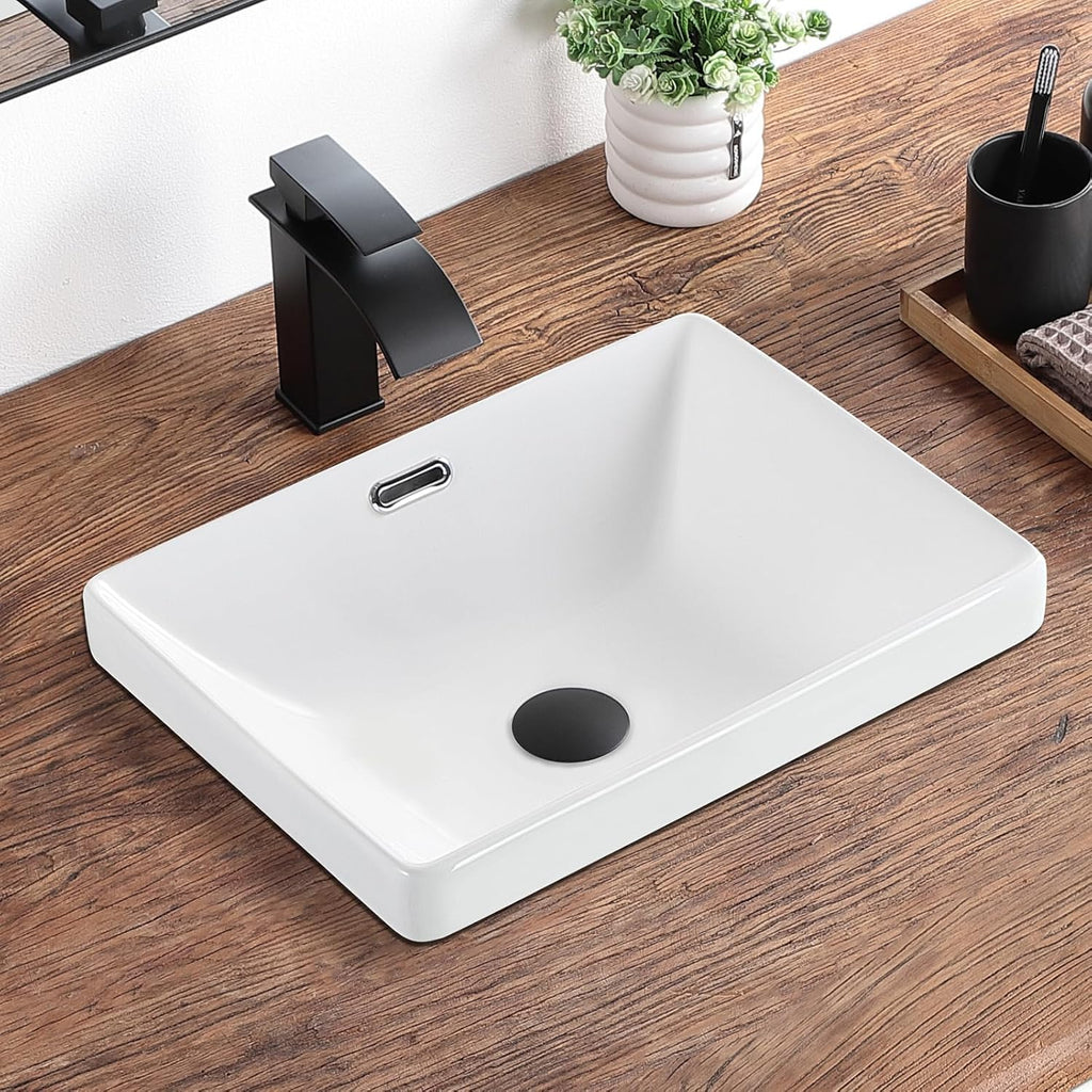 Bathroom Vessel Sink 16.7" X 12.6" Semi Recessed Bathroom Sink Rectangular Drop In Bathroom Sinks with Overflow White Ceramic Vessel Sinks for Bathroom Modern Above Counter Basin Vanity Sink A131-B0DRP5BYNT