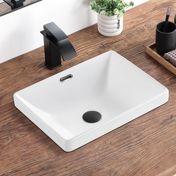 Bathroom Vessel Sink 16.7" X 12.6" Semi Recessed Bathroom Sink Rectangular Drop In Bathroom Sinks with Overflow White Ceramic Vessel Sinks
