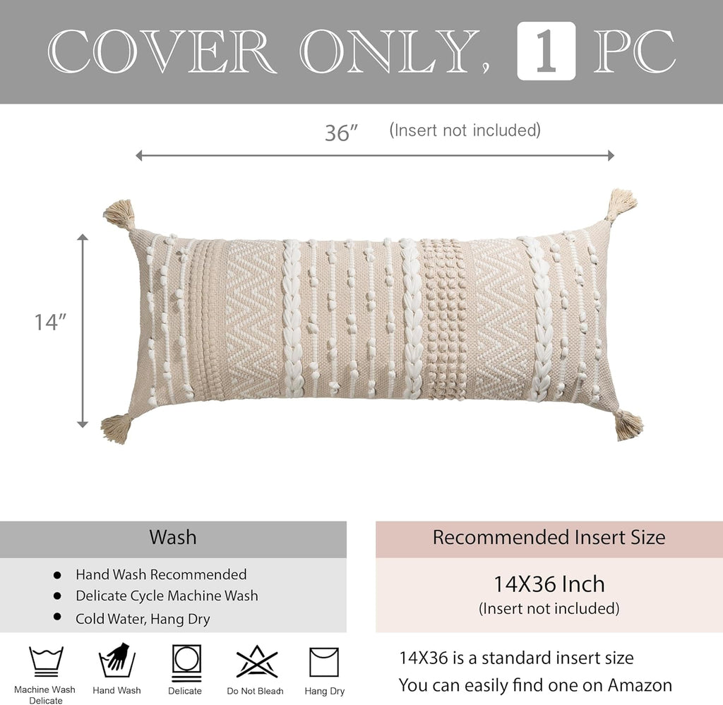 Cream Decorative Lumbar Throw Pillow Cover 14x36 Boho Long Cushion