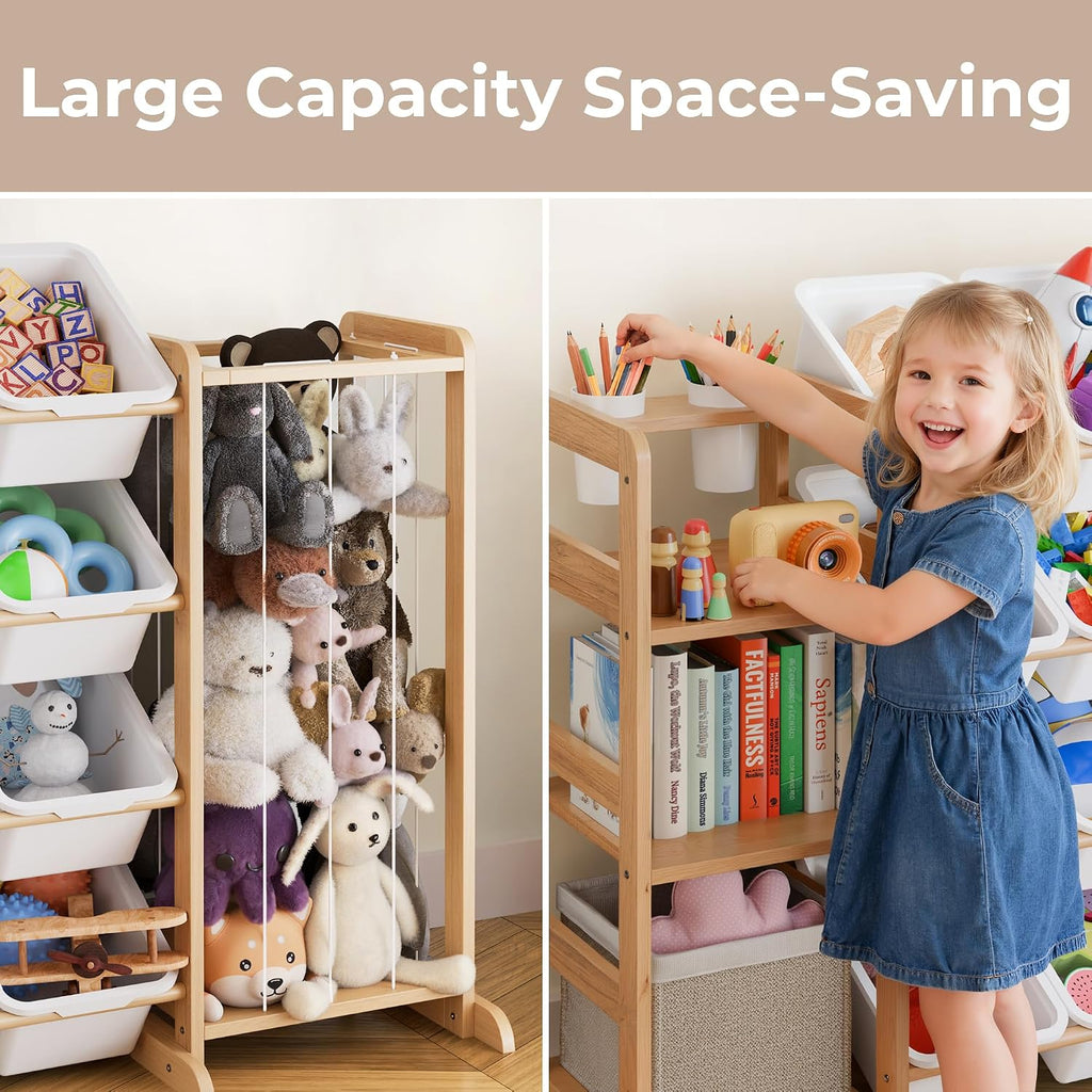 Toy Storage Organizer with Bookshelf and Stuffed Animal Storage - Kids Playroom Organization with Shelves and 12 Toy