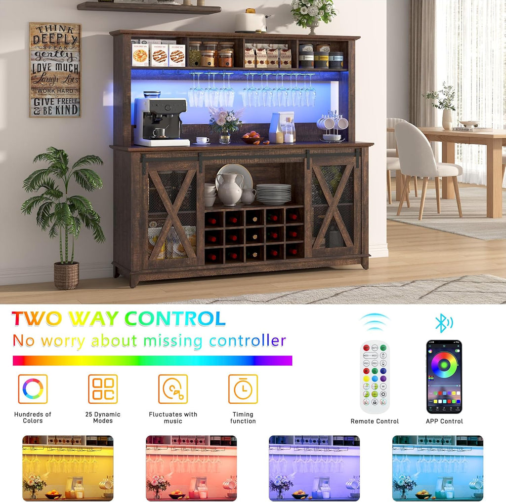 63"Wide 58"H Farmhouse Coffee Bar Cabinet with Power Outlet and LED Light,Wine Bar Cabinet w/ 4 Storage Hutch,Kitchen