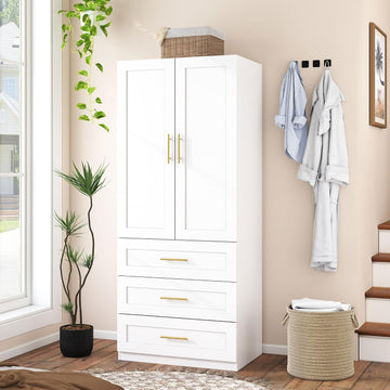 White Armoires Wardrobes Closet:Bedroom Armoire Wardrobe Closet with Hanging Rod, Modern Wardrobe Cabinet with