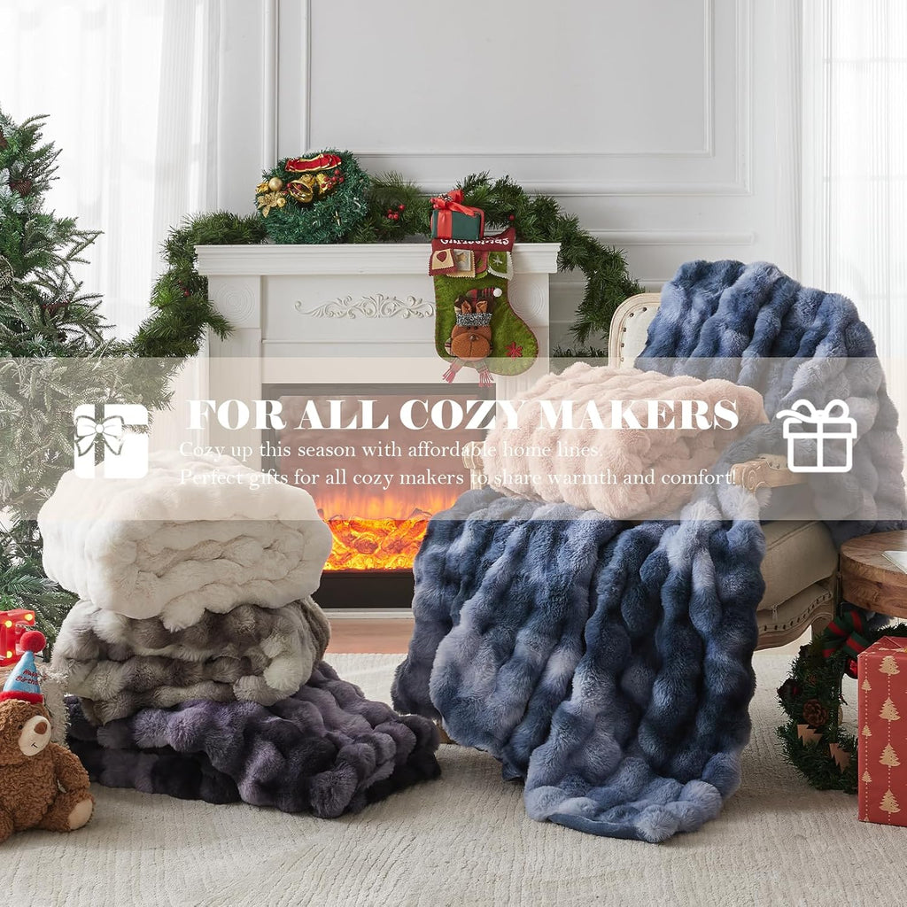 Faux Fur Throw Blanket, 1000 GSM Cozy Fuzzy Fluffy Soft Plush Thick Bubble Blanket, Mothers Day Birthday Gifts for