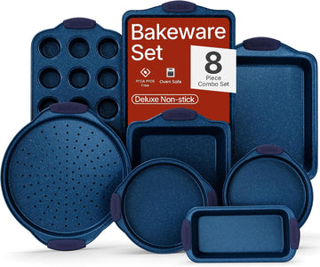Kitchen Pan Set - Nonstick Coating, Carbon Steel Bakeware Sets with Blue Silicone Handles, Kitchen Essentials, PFOA