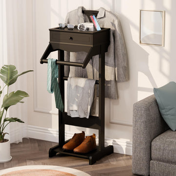 Mens Valet Stand with Drawer, Tray, Suit Hanger, Wood Clothes Rack
