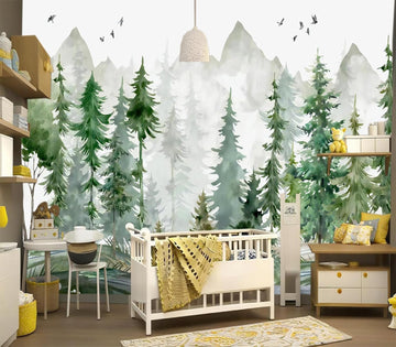Peel and Stick Nursery Forest Wallpaper Watercolor Pine Tree Mural | Tear-resistant,with a substantial feel;Will not