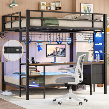 Full Over Twin Bunk Bed with Desk and Charging Station Metal Full Over Twin Bunk Bed with Led Lights,Storage Shelves