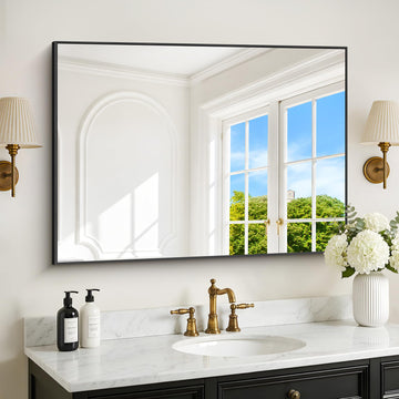 Black Bathroom Mirror for Wall, 30x40 Inch Rectangle Mirrors with Metal Frame, Modern Vanity Wall Mirror Decor Hangs