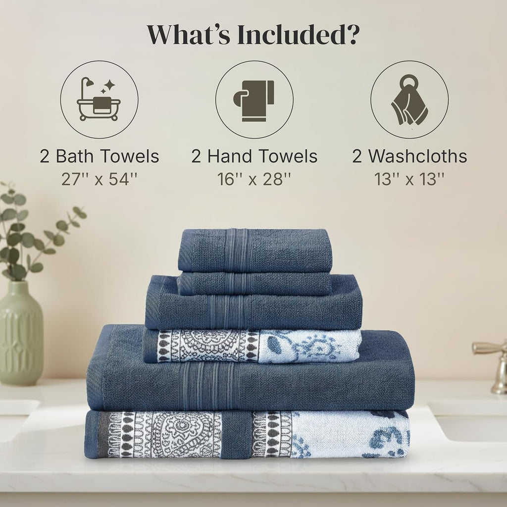 6 Piece Bath Towel Set - Bathroom Set with 2 Bath Towels, 2 Hand Towels, and 2 Wash Cloths - 100% Cotton, Super