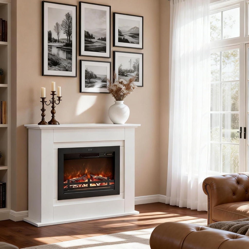 41" Electric Fireplace with Mantel, Wooden Surround Firebox, Freestanding, Adjustable Flame Brightness, Ivory White