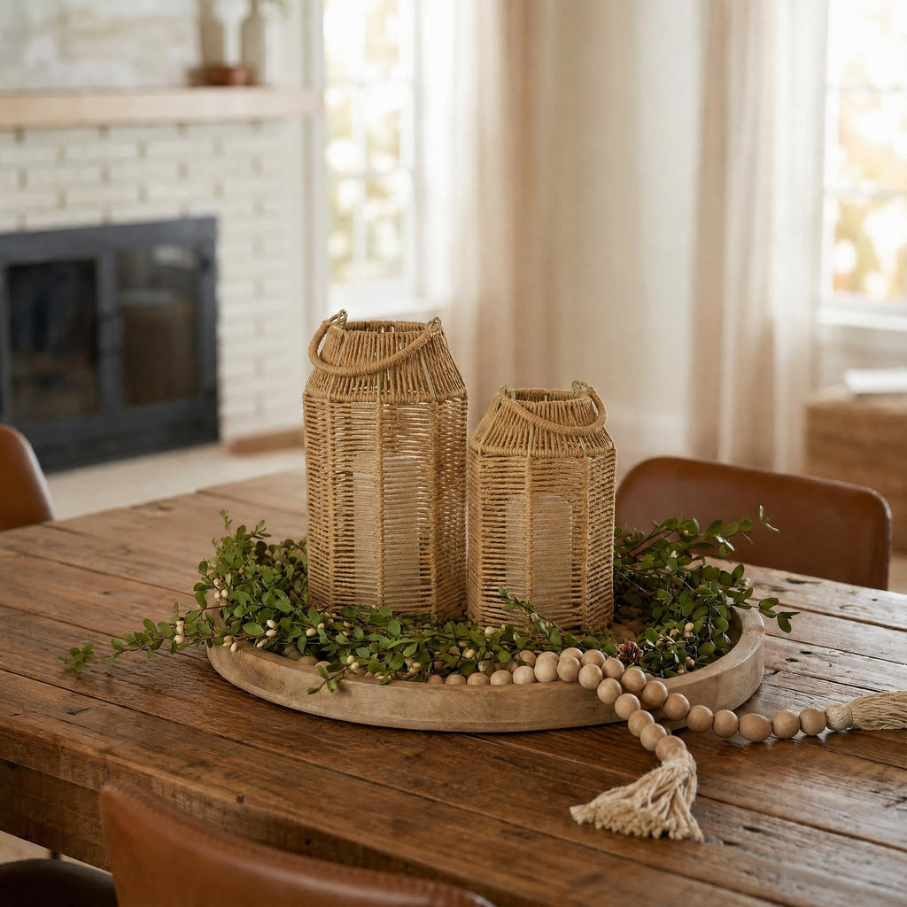 Natural Jute Boho Lanterns - Handcrafted Farmhouse Coffee Table Decor