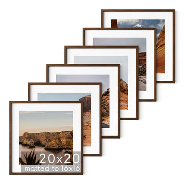 Walnut Oak Wood 20x20 Picture Frames - Set of 6, Square Frames with Mat, Elegant Frames for Posters and Artwork