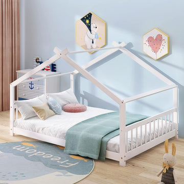 Full House Beds White Montessori Bed Wood Frame Kids Floor Bed with Headboard & Footboard for Children Boys Girls