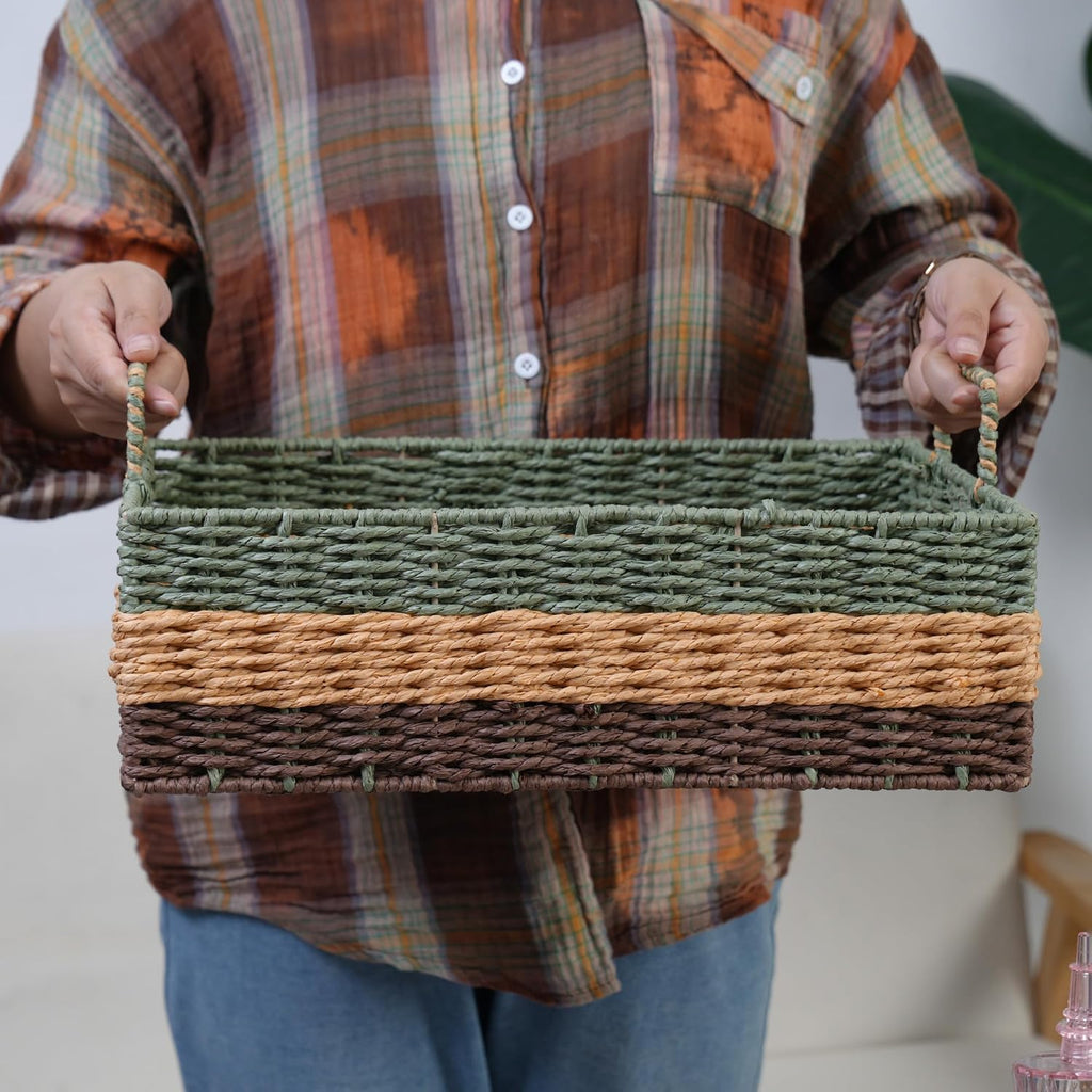Handmade Rectangle Woven Paper Rope Storage Basket with Iron Frame,Basket with handles Decor, Shelf & Desktop