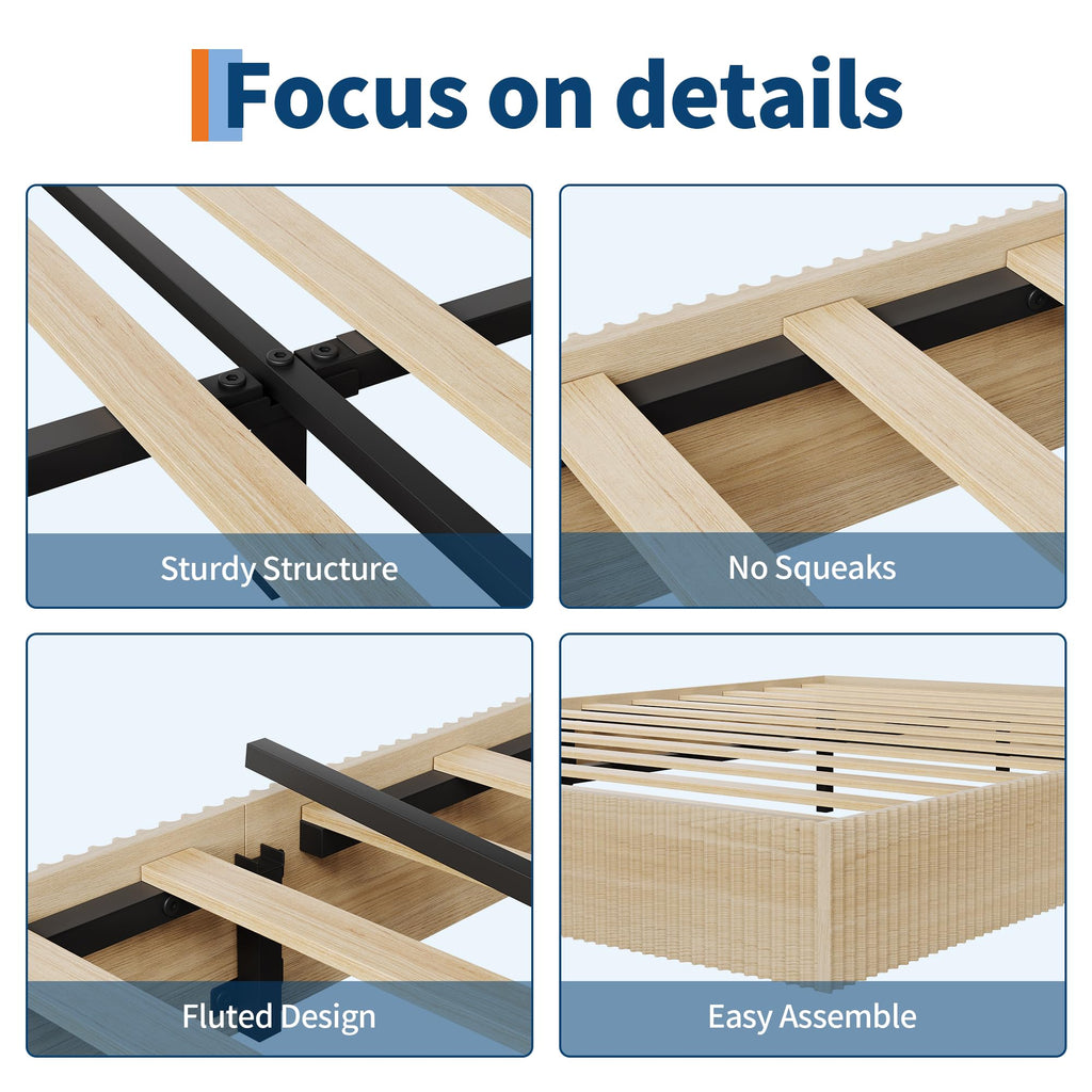 Full Bed Frame, Wood Platform Bed with Fluted Design