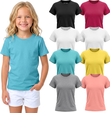 Girls' Pack Super Soft Polycotton Short Sleeve Crew Neck T Shirts, Assorted Color Solid Tees