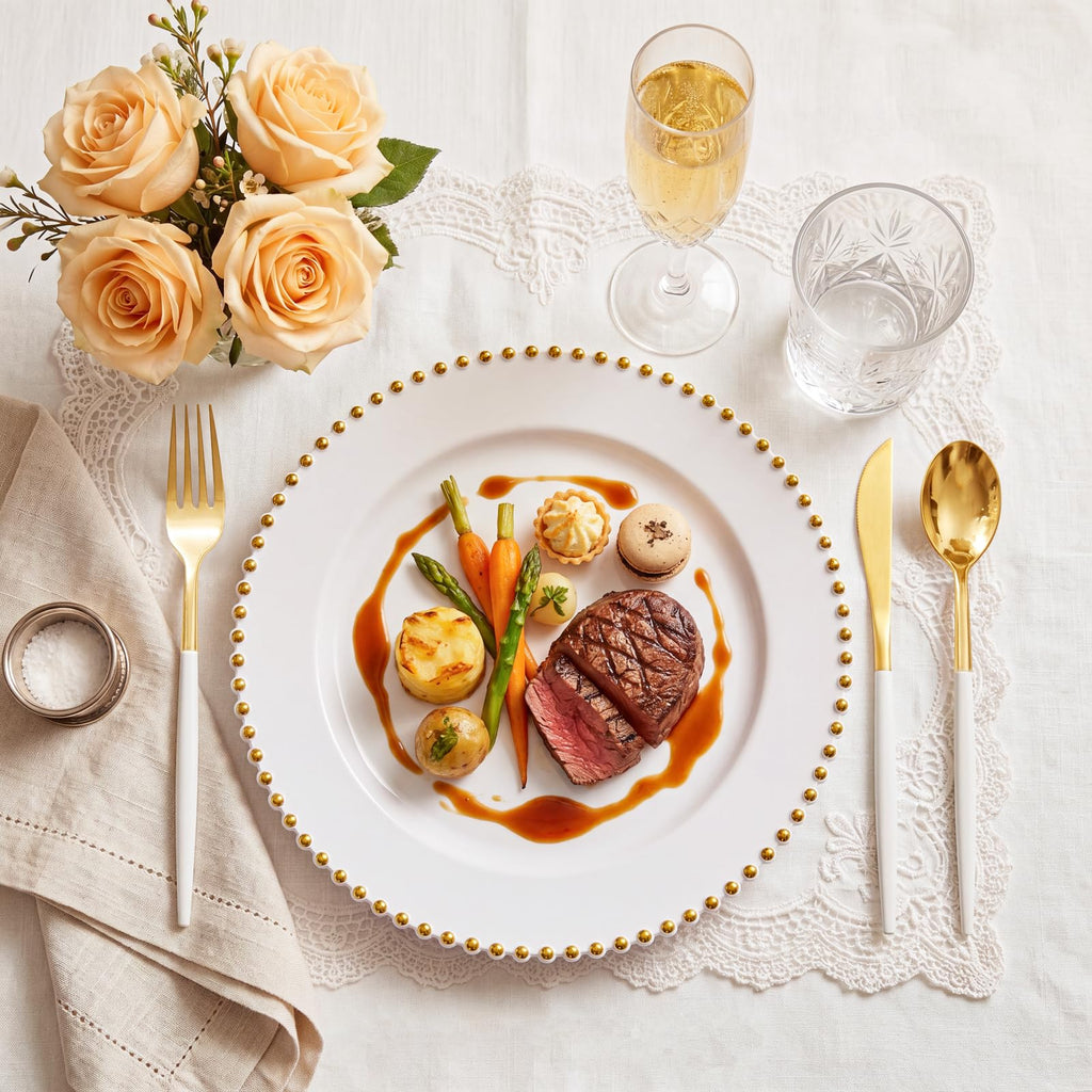 102pcs White and Gold Plastic Silverware Set, 34 Guests